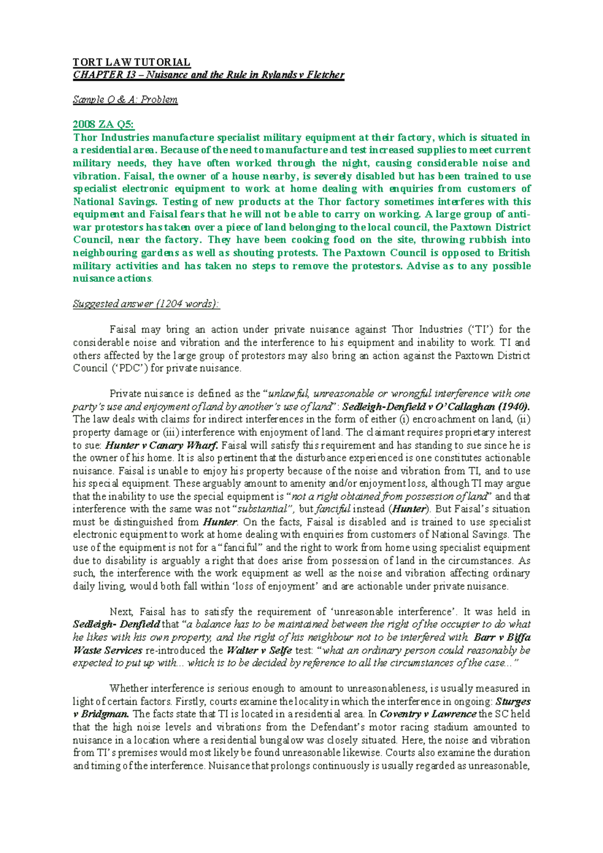 TORT LAW TUTORIAL: CHAPTER 13 - Nuisance & Rylands v Fletcher Analysis ...