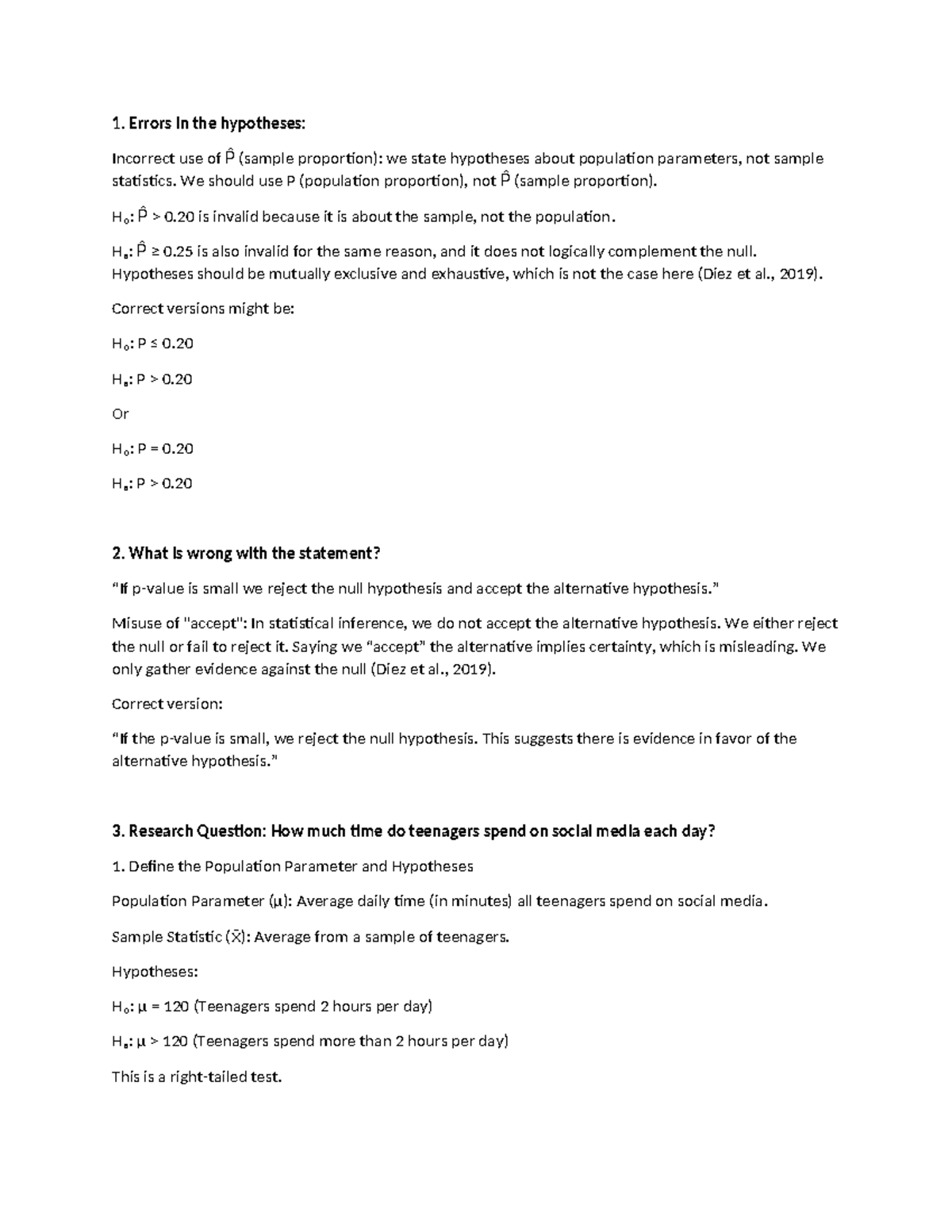 CS 1281-01 Statistical Inference: Hypothesis Testing Errors and ...