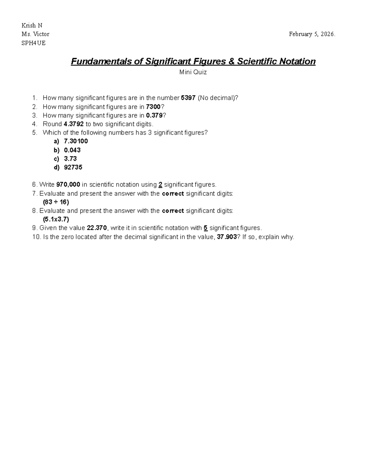 SPH4UE - Mini Quiz on Significant Figures & Scientific Notation - Studocu