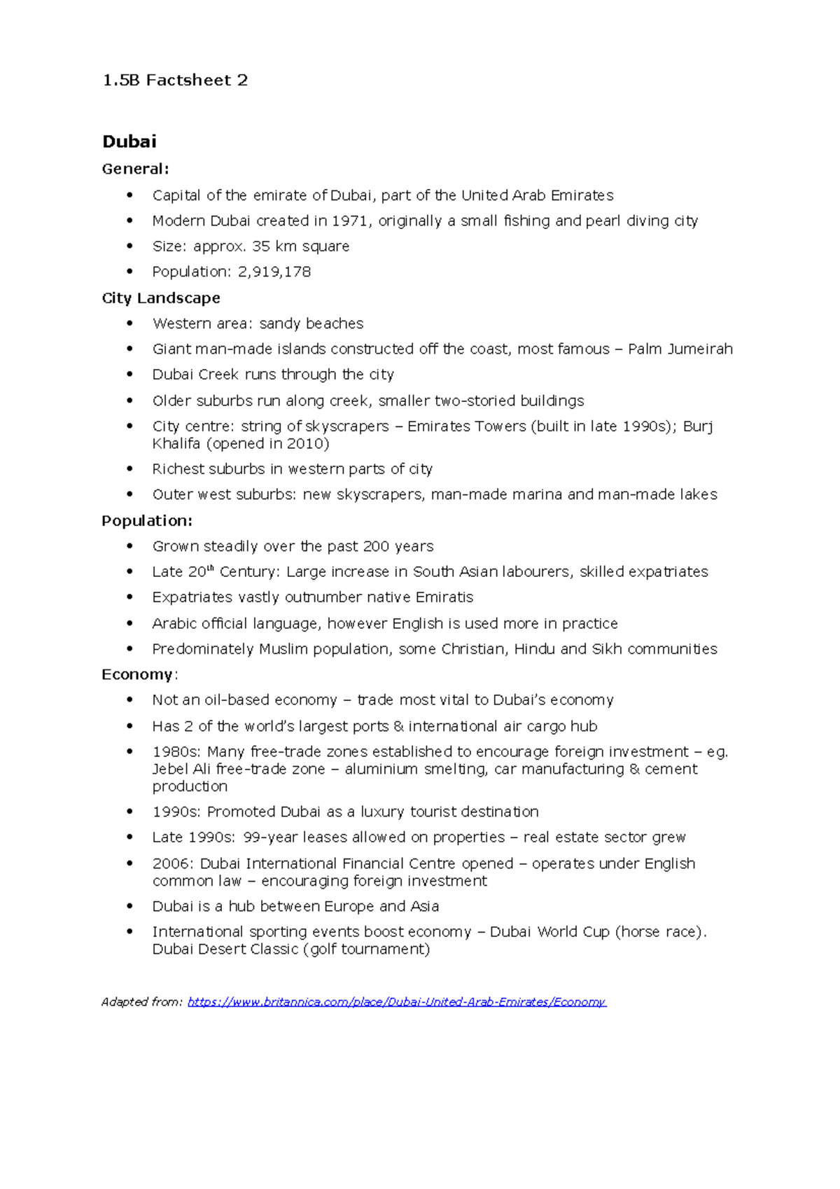 A1.5B B3 Factsheet 3 Dubai - 1 Factsheet 2 Dubai General: Capital of ...