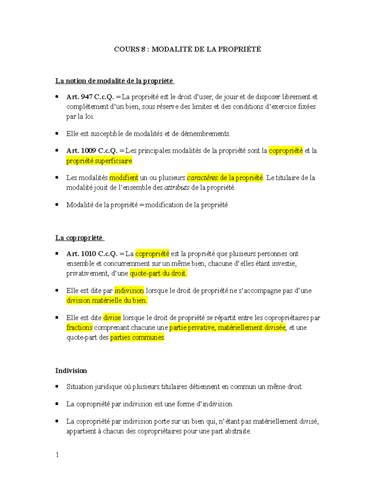 Cours 8 - Notes de cours - COURS 8 : MODALITÉ DE LA PROPRIÉTÉ La notion ...
