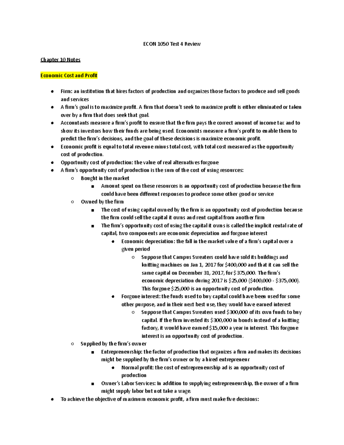 ECON 1050 Test 4 Study Guide: Economic Costs & Profit Maximization ...