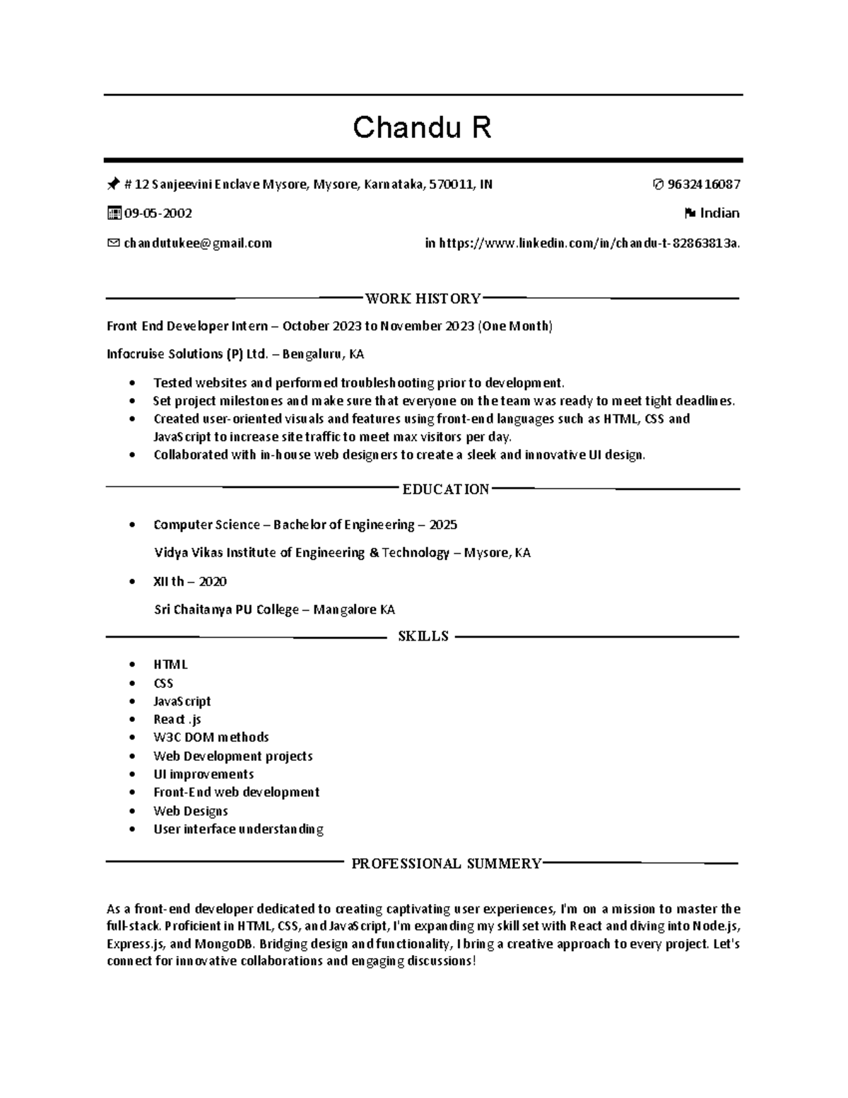 Chandu R's Front-End Developer Resume - Internship Experience - Studocu