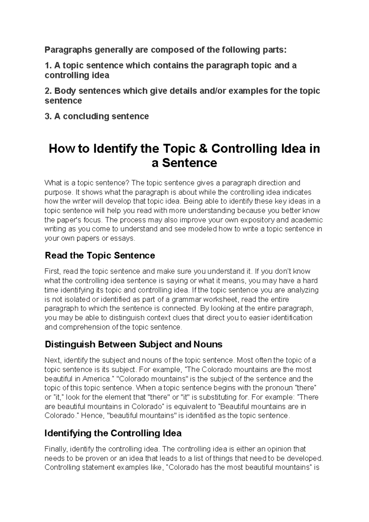 ENGL101: Topic Sentences and Controlling Ideas Explained - Studocu