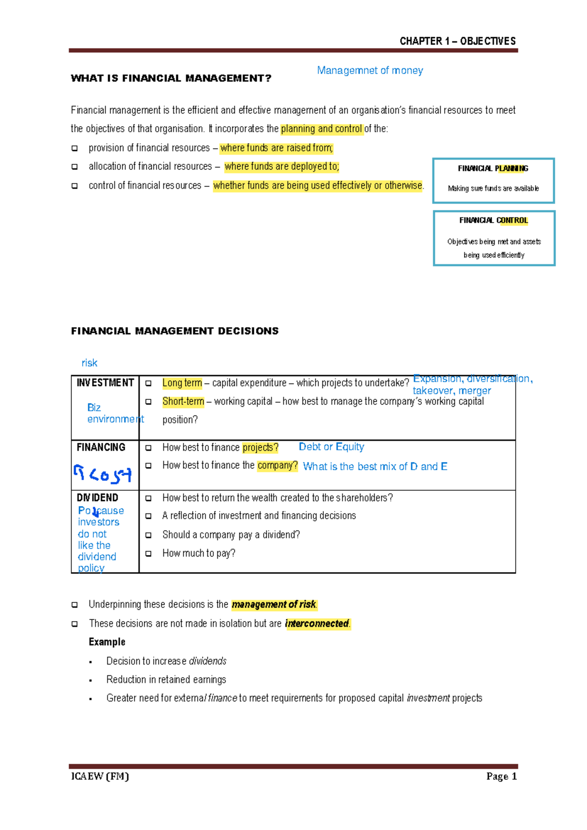 ICAEW Professional Course Financial Management Chapter 1 Overview - Studocu