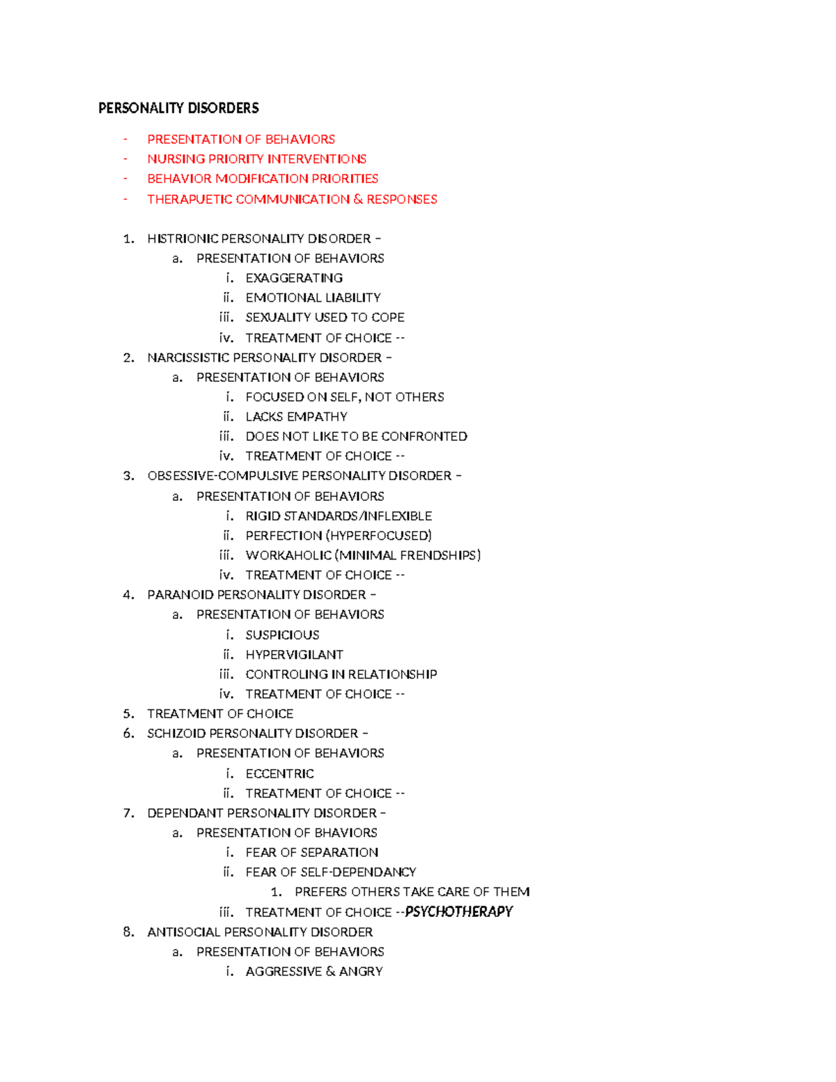 EXAM Outline - exam - PERSONALITY DISORDERS - PRESENTATION OF BEHAVIORS ...