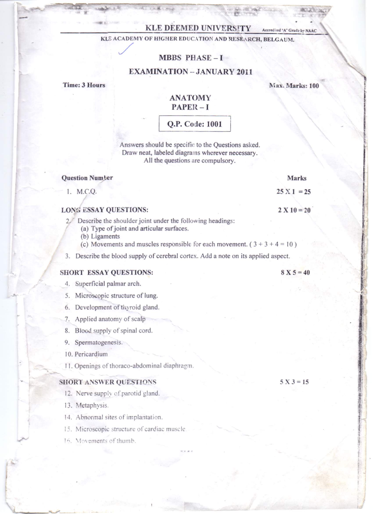 MBBS Phase I Multiple Choice Questions - January 2011 - Studocu