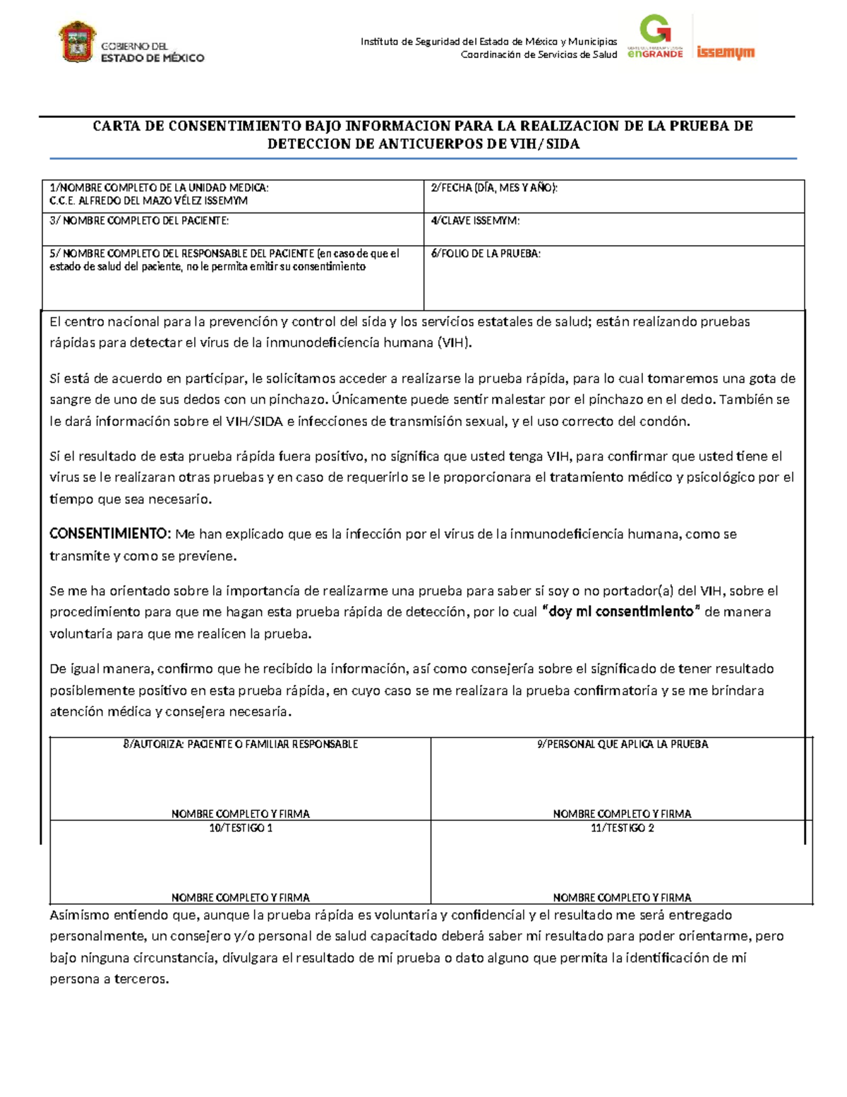 Consentimiento para Prueba Rápida de VIH - ISSEMYM - Document Preview