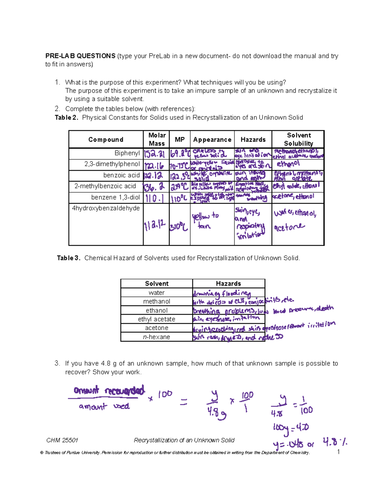 CHM 25501 Recrystallization of Unknown Solid - Pre-Lab Guide 2024 - Studocu