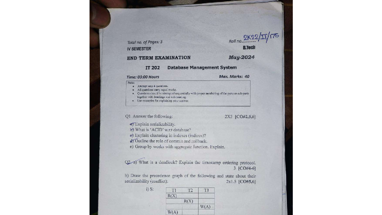 B.Tech IT 202 End Term Exam: Database Management System Notes - Studocu