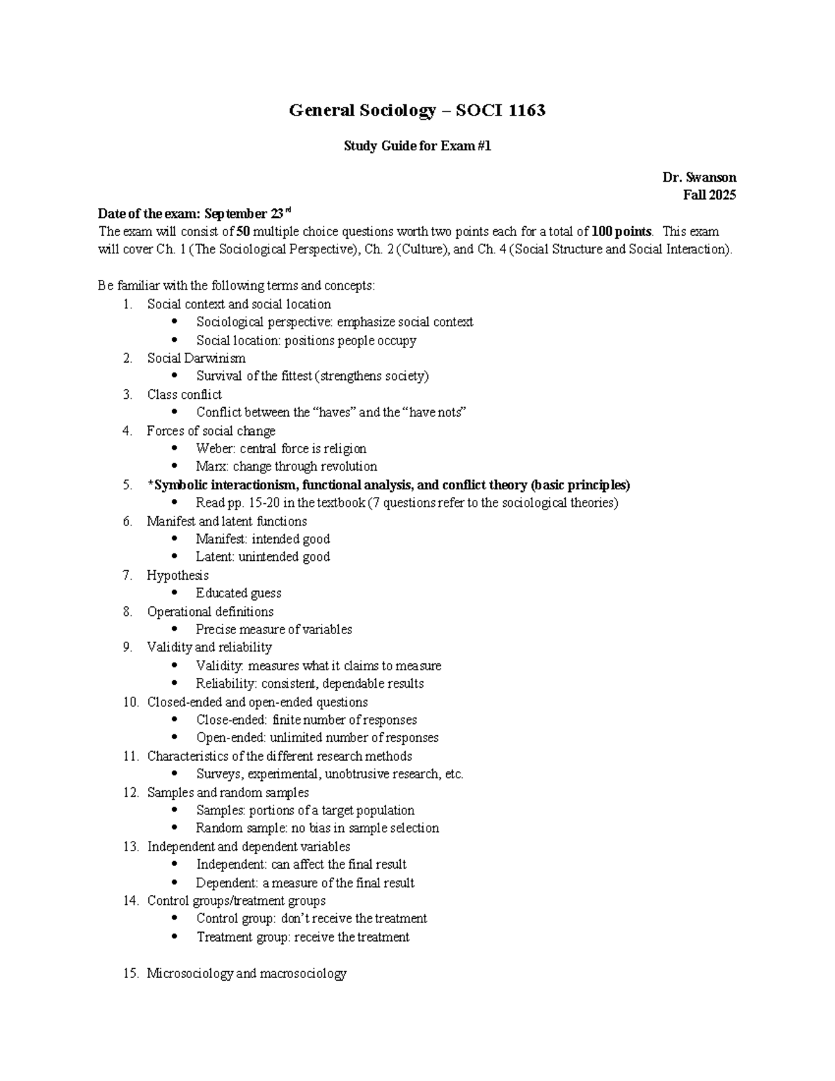 Study Guide for SOCI 1163 General Sociology Exam #1 - Fall 2025 - Studocu