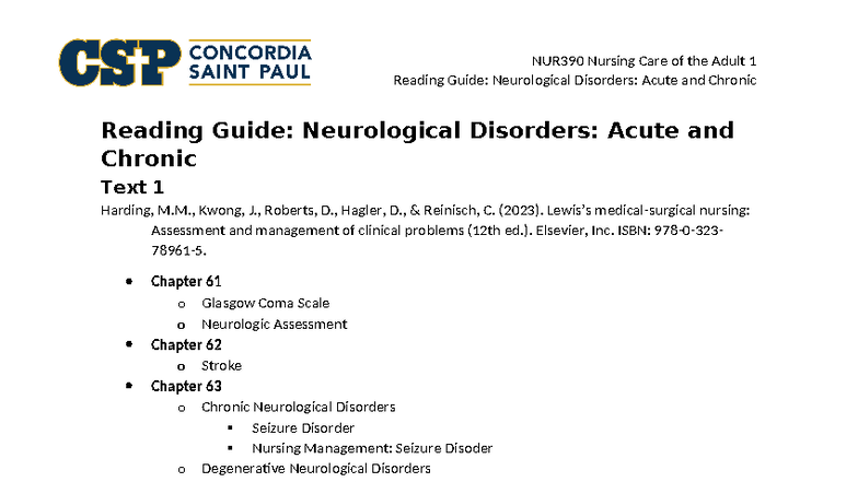 NUR390 Neurological Disorders - Acute and Chronic Reading Guide ...