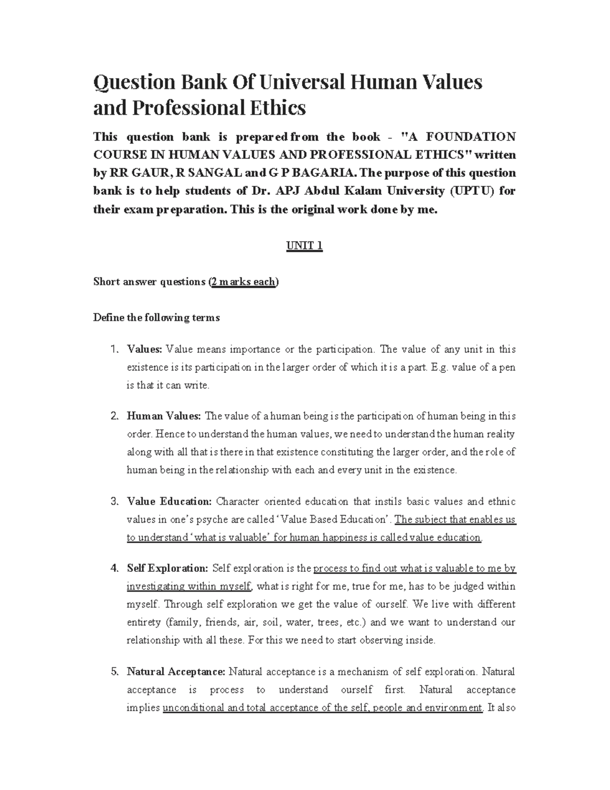 Question Bank: Universal Human Values & Professional Ethics (UPTU ...