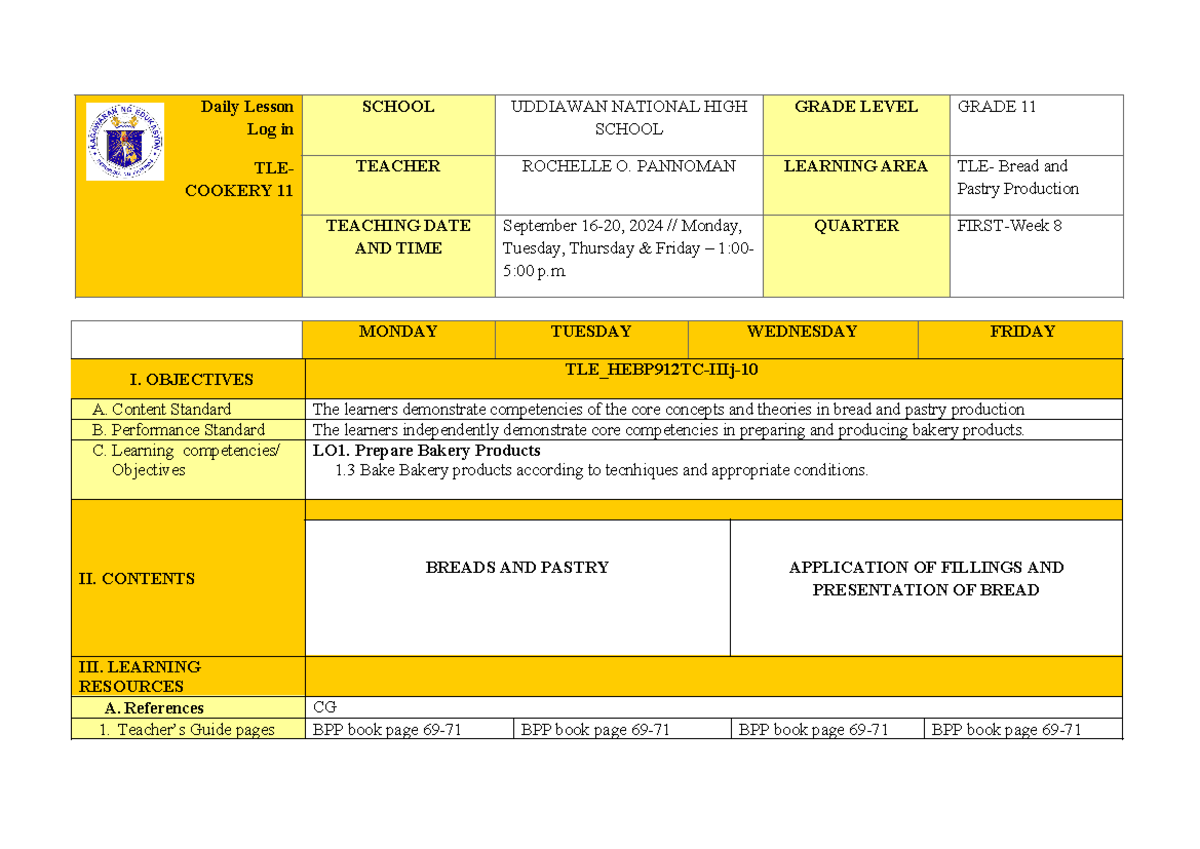 DLL WEEK 6 - TLE COOKERY 11 - Bread and Pastry Lesson Plan - Studocu