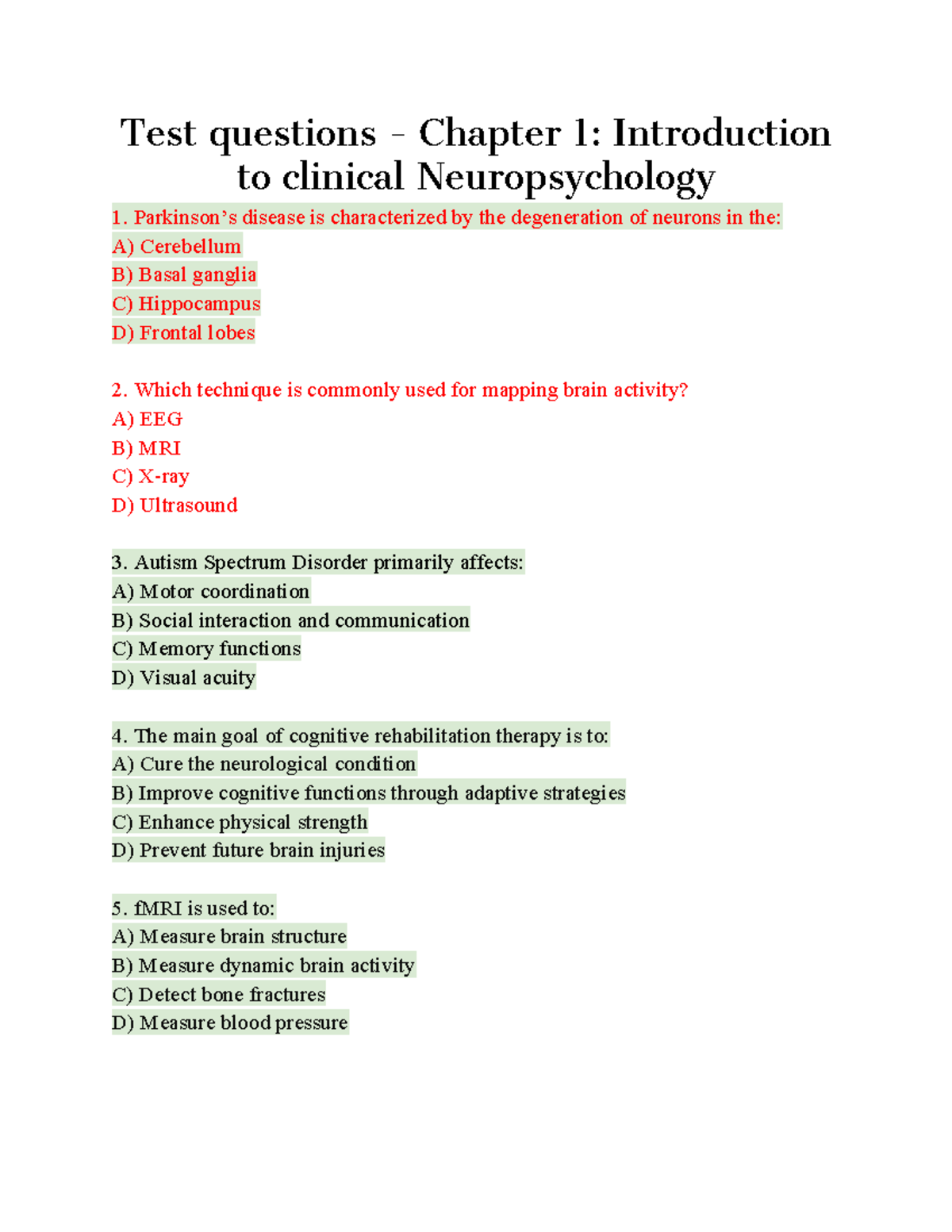 Chapter 1: Intro to Clinical Neuropsychology - Test Questions and ...