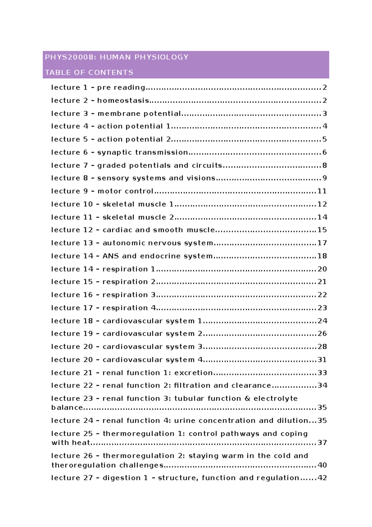 PHYS20008 Lecture Notes: Comprehensive Overview of Human Physiology - Document Preview