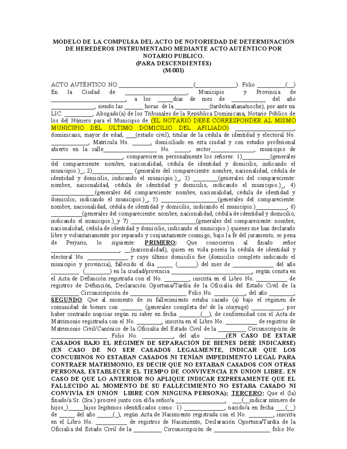 Modelo de Compulsa del Acto de Notoriedad para Herederos (Descendientes ...