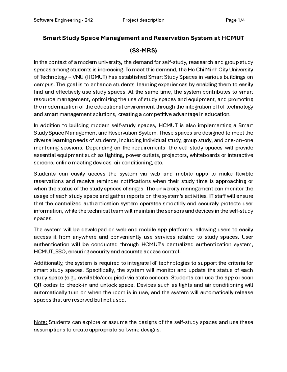 SE242 Project Description: Smart Study Space Management System - Studocu