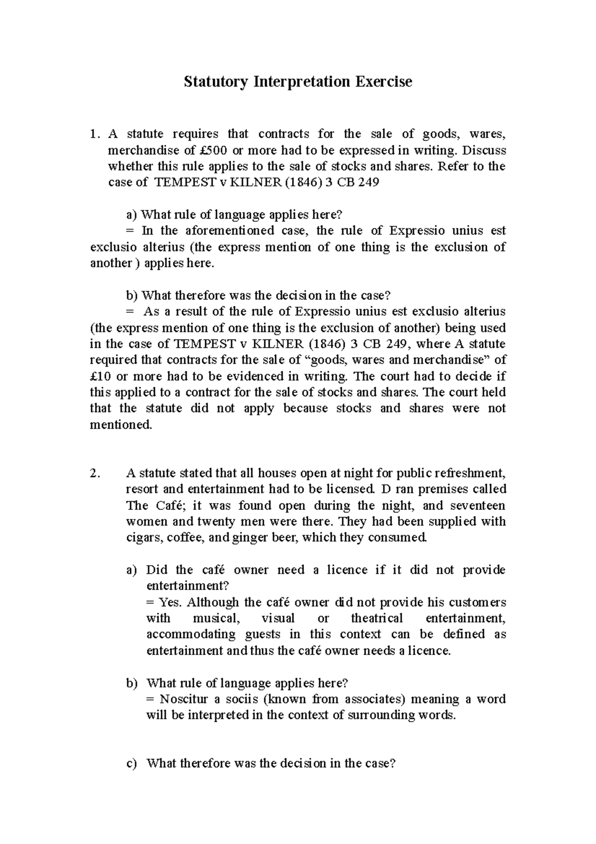 WEEK 7 LAW Exercise: Q&A on Statutory Interpretation & Case Law - Studocu