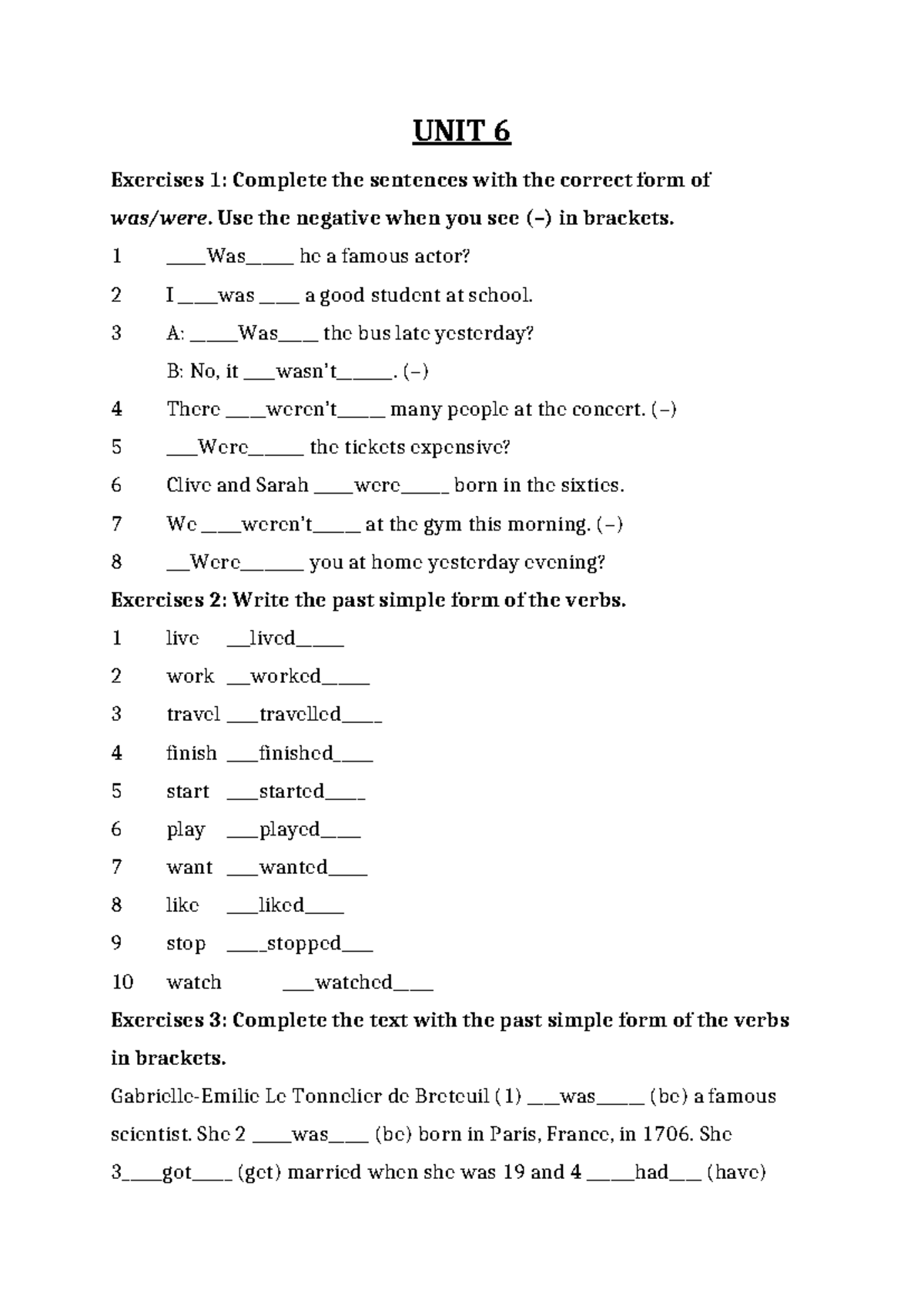 TIẾNG ANH - Unit 6,7 - bài tập - UNIT 6 Exercises 1: Complete the ...
