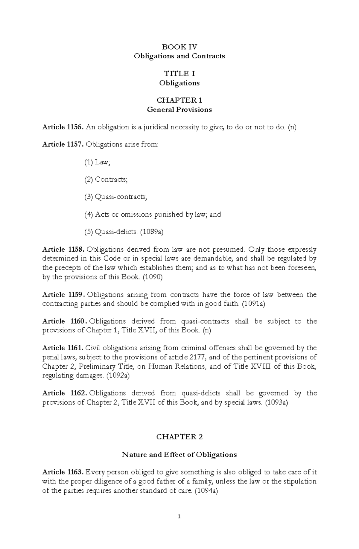 **LAW 1156-1430: Obligations and Contracts Overview (Book IV)** - Document Preview