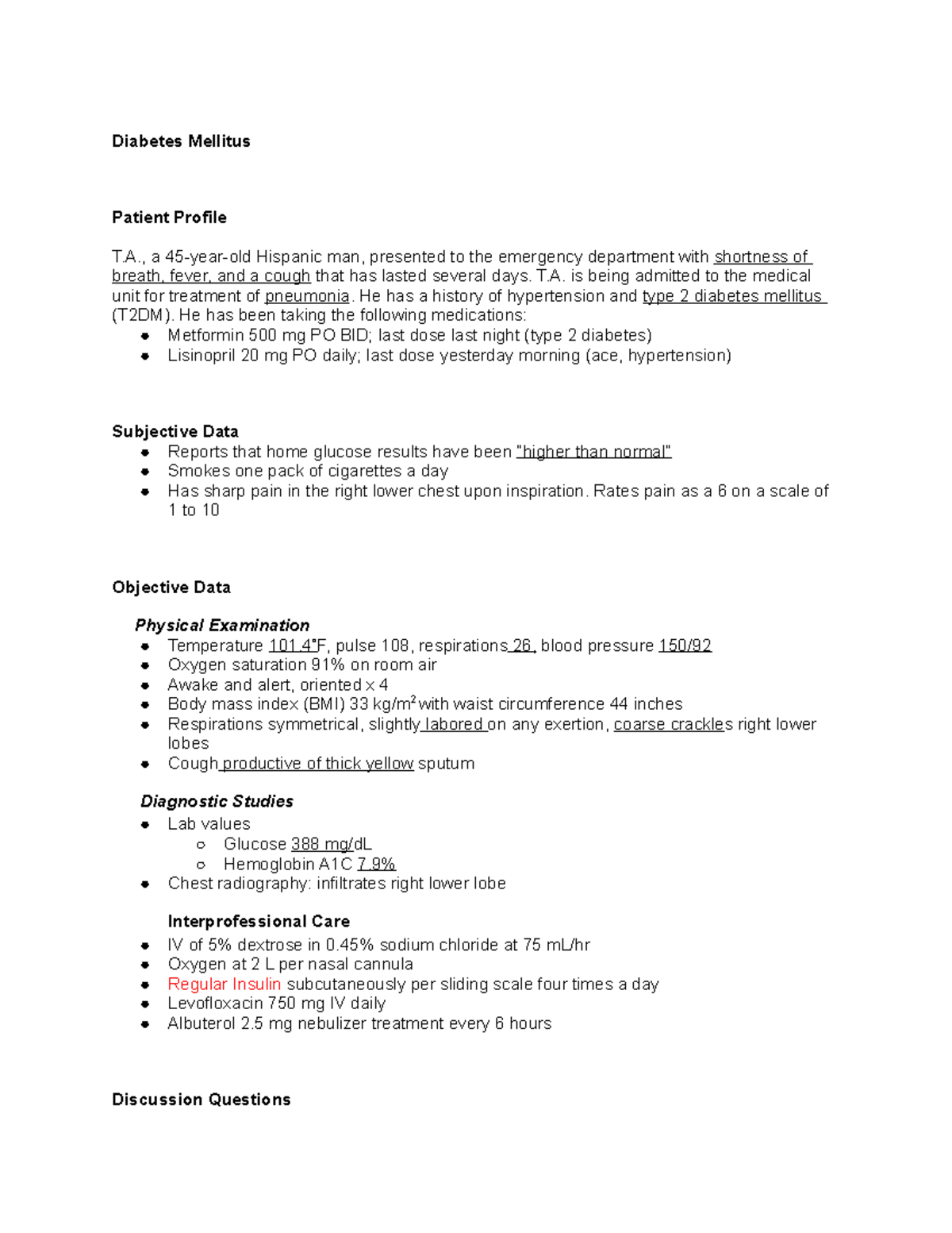 Diabetes Mellitus Case Study with Answers - Patient Assessment & Care ...