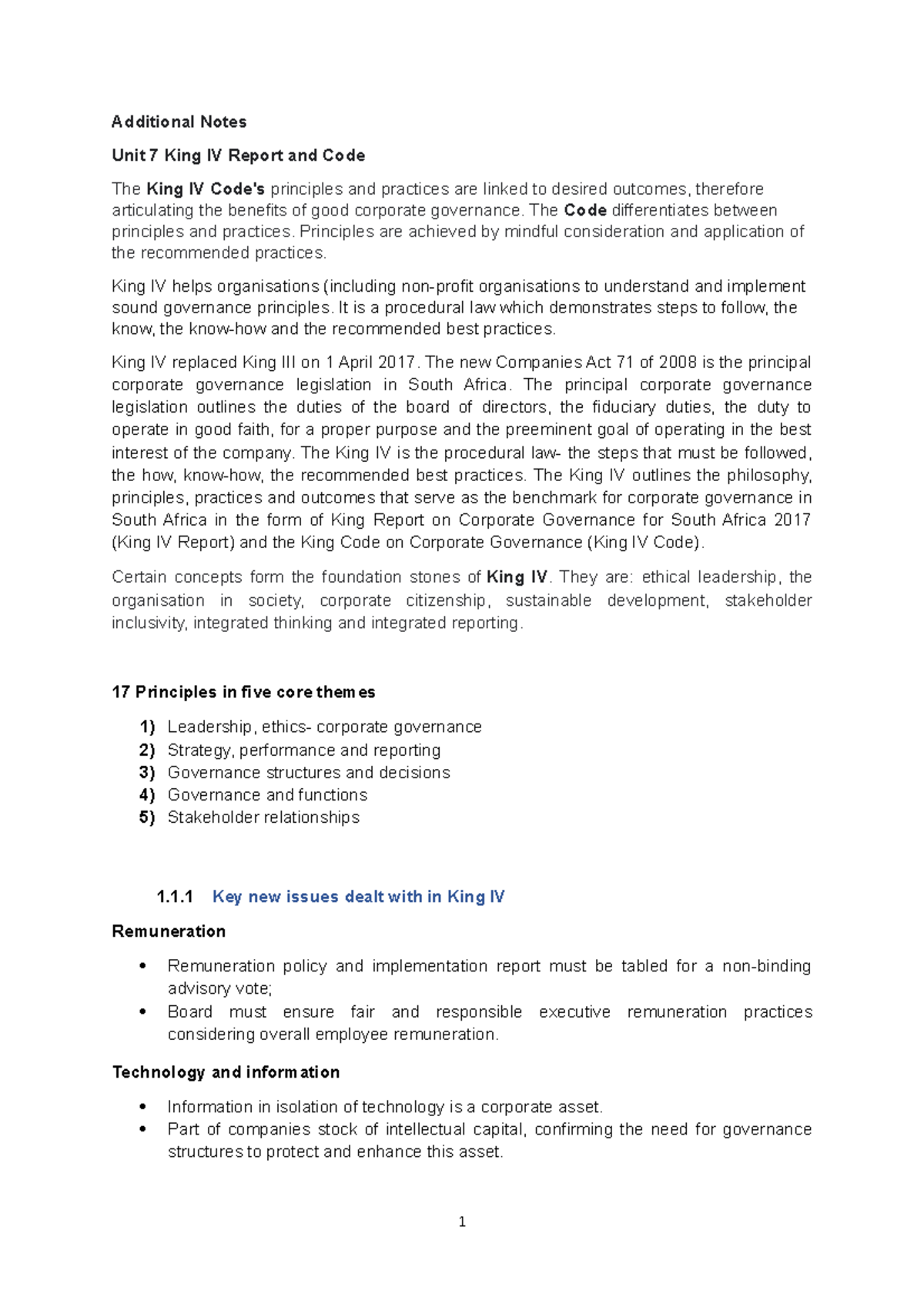 King IV Report & Code: Comprehensive Additional Notes for Unit 7 - Studocu