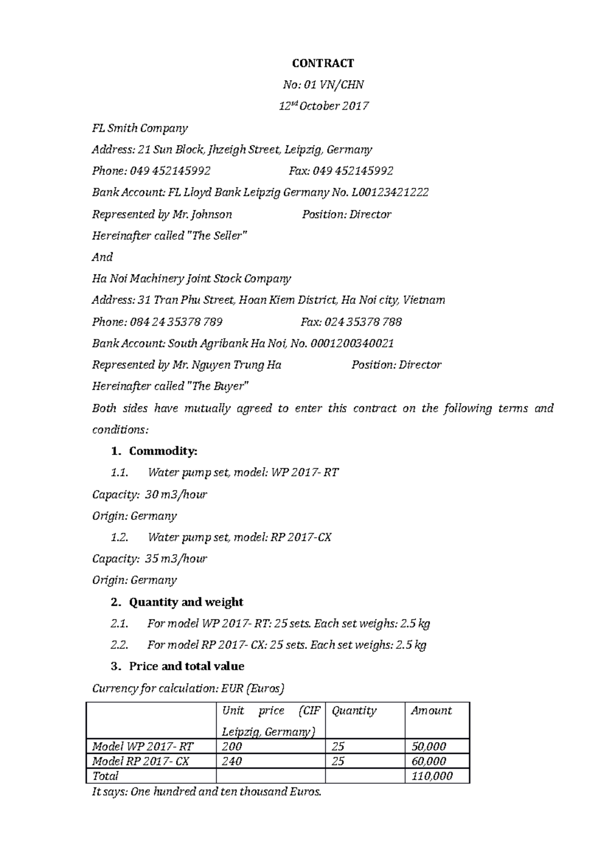 Machine Contract No. 01 VN/CHN - Water Pump Sets Agreement - Studocu