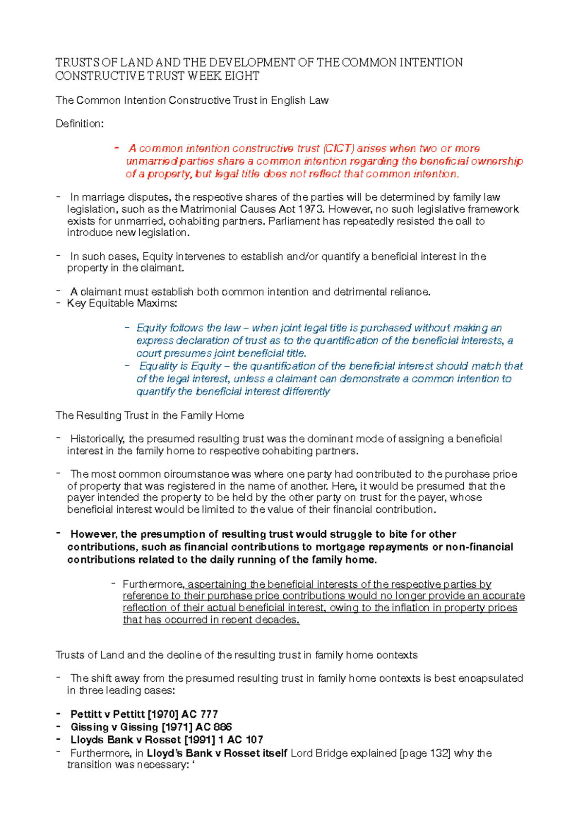 Trusts of Land and Common Intention Constructive Trusts: Week 8 ...