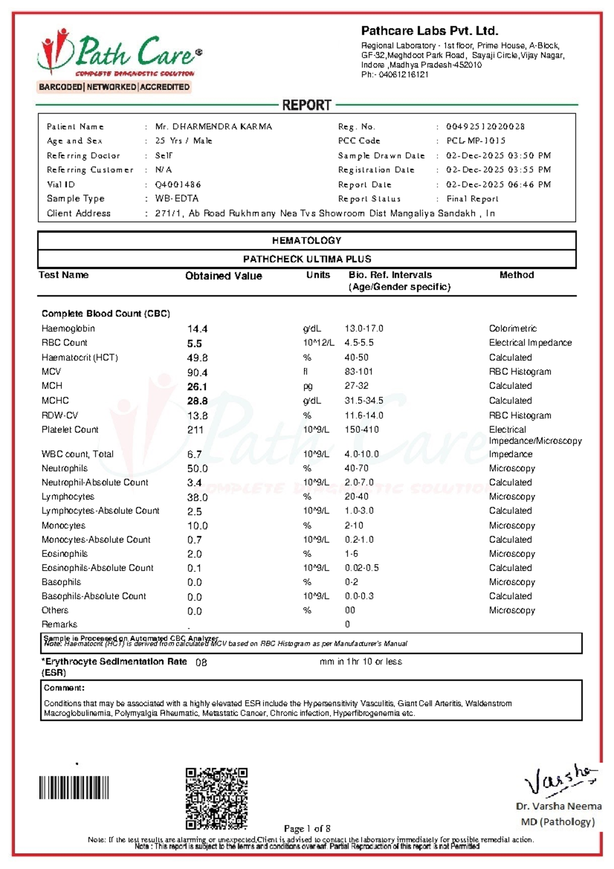 Clinical Laboratory Report for Mr. Dharmendra Karma - PCC Code ...