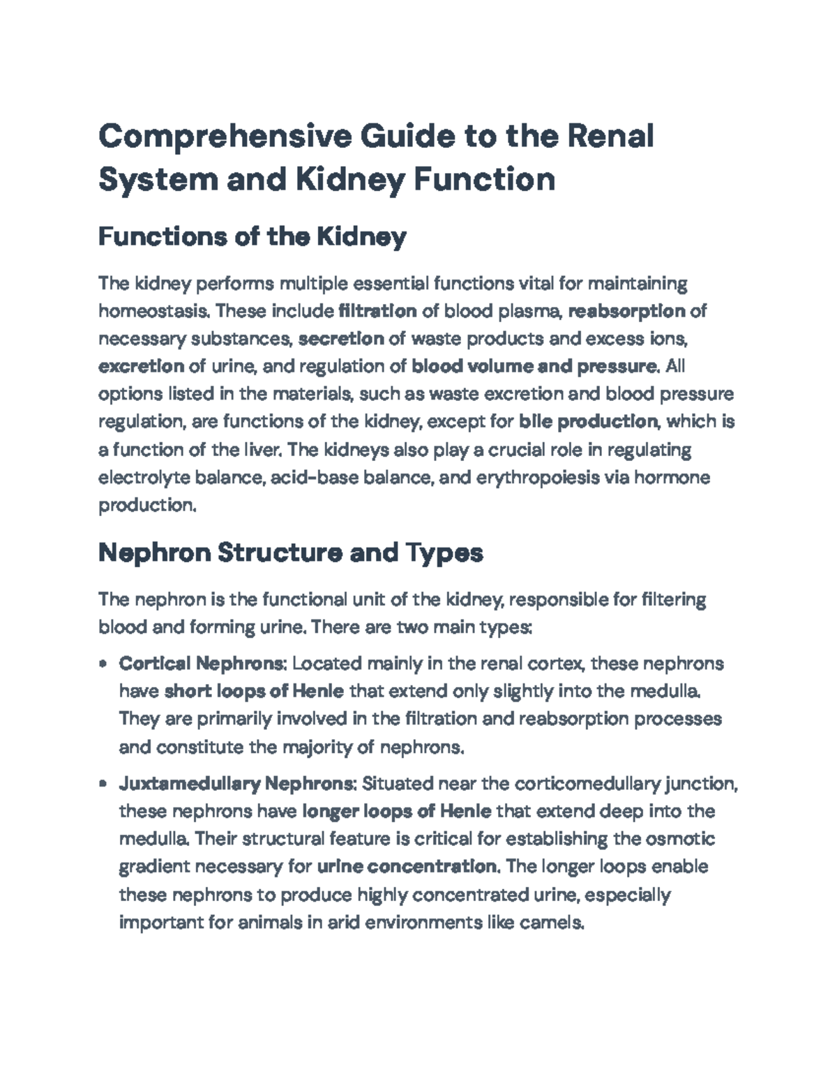 Comprehensive Study of the Renal System and Kidney Functions - Studocu
