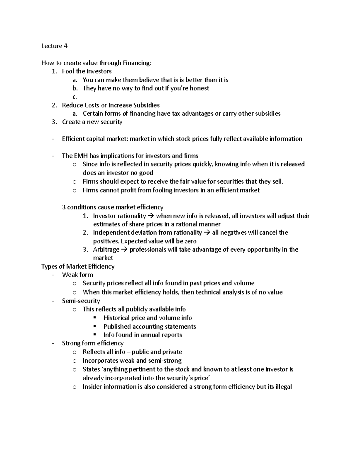FIN-101 Lecture 4: Value Creation through Financing Strategies - Studocu