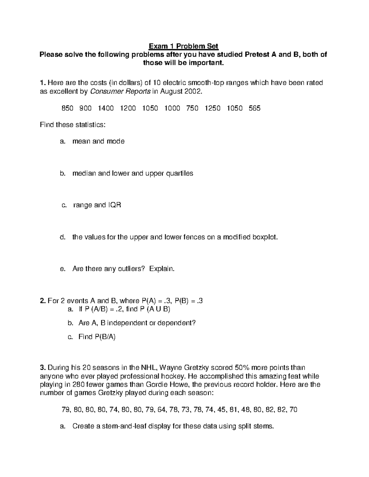 Exam 1 Problem Set: Statistics and Data Analysis - Studocu