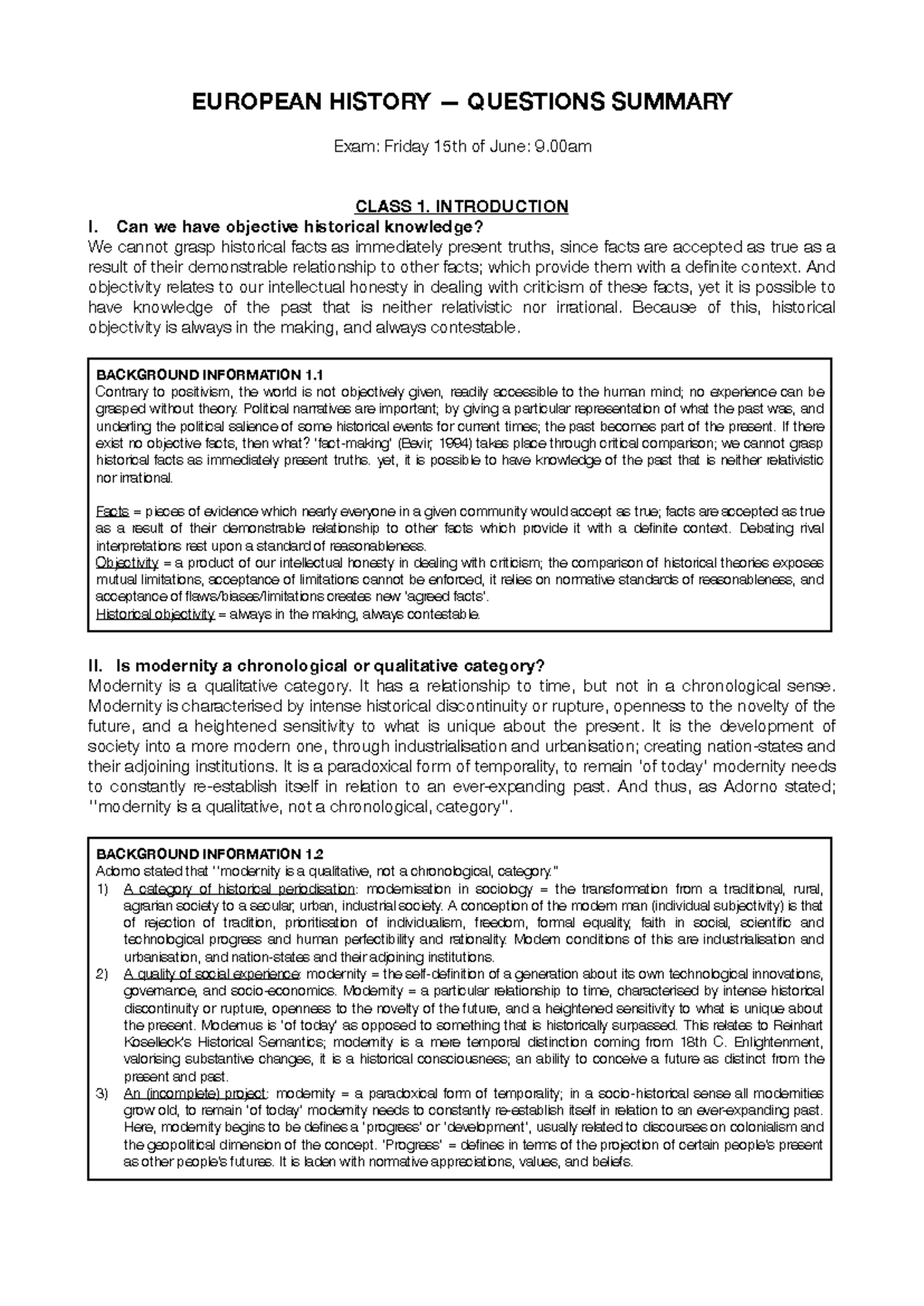European History - Summary of Exam Questions for Final Exam 2024 - Studocu