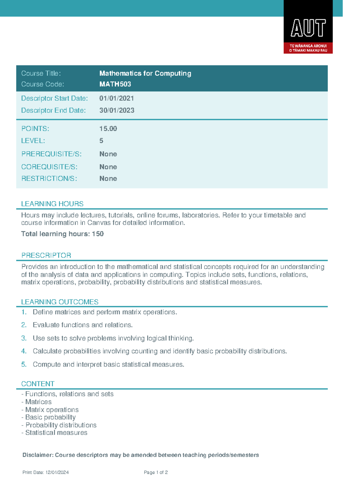 MATH503 - Comprehensive Course Outline for Mathematics for Computing ...