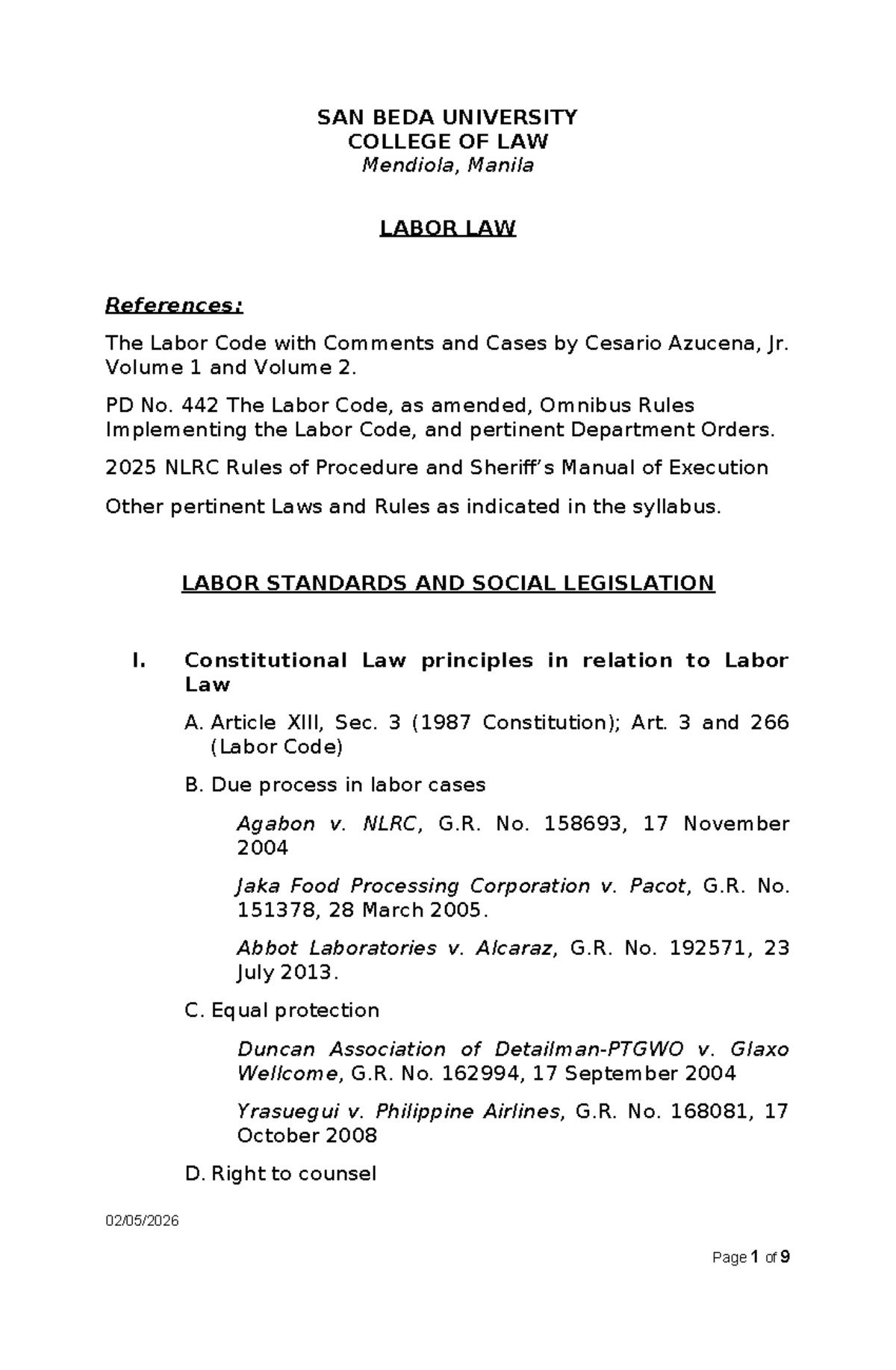 LABOR LAW (LAW 101) Assignment 1: Key Concepts and Cases - Studocu