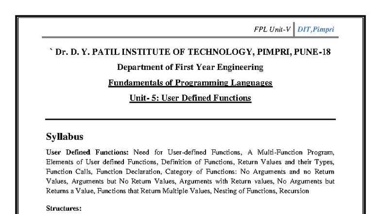 FPL DIT: Unit 5A Notes on User Defined Functions and Structures - Studocu