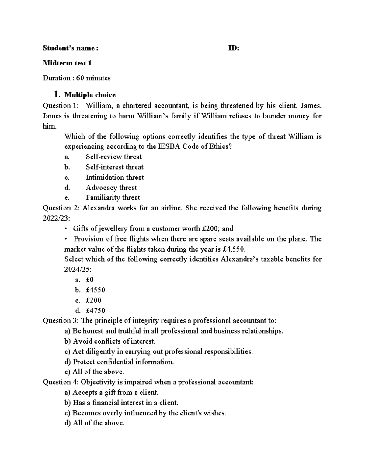 Midterm Test 1 (ACC101) Questions on Ethics and Taxation - Studocu