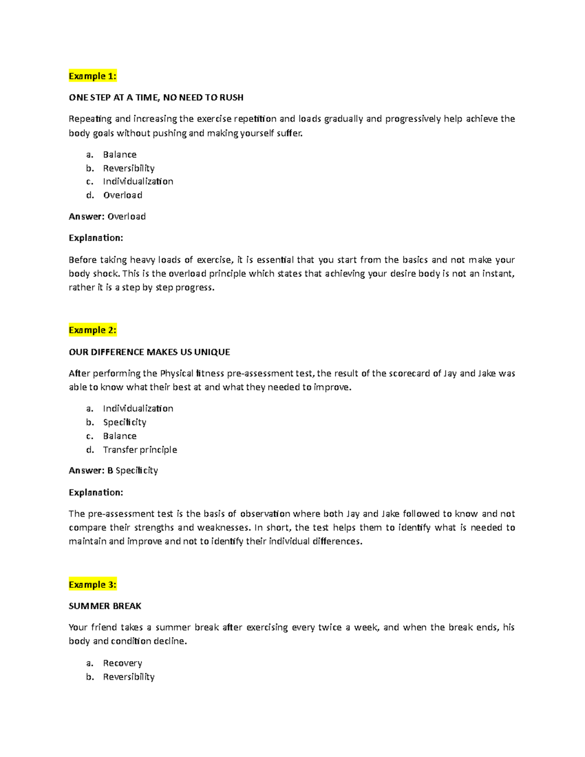 Examples-PE - Principles of Training Exercises Explained - Studocu