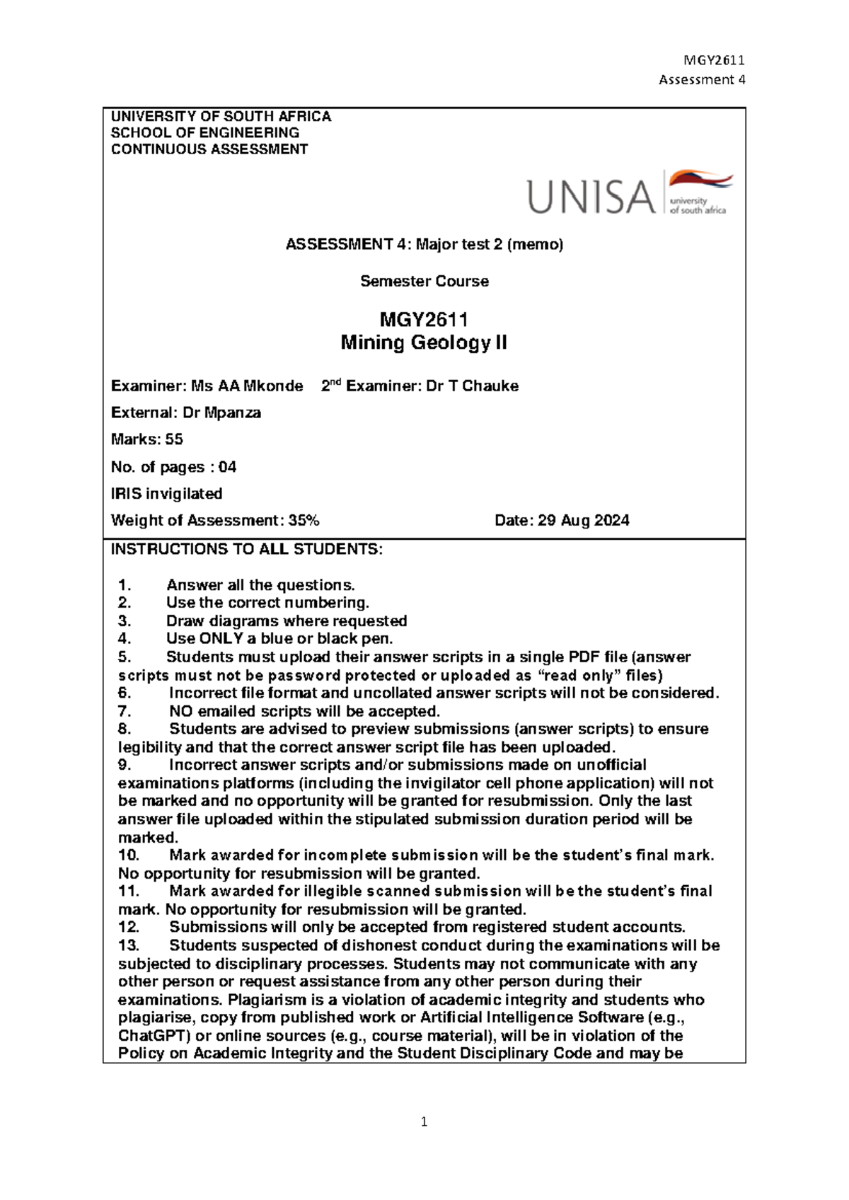 MGY2611 Assessment 4: Major Test 2 Memo - Mining Geology II - Studocu