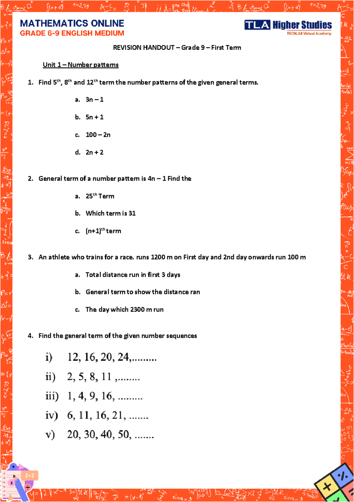 Mathematics - Grade 6 - First Term Revision Handout on Number Patterns ...