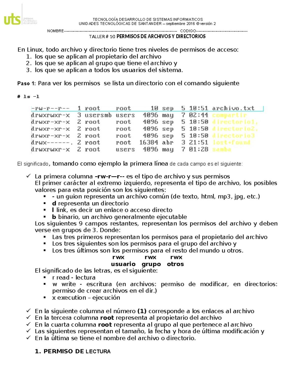 TALLER 10: PERMISOS DE ARCHIVOS Y DIRECTORIOS EN LINUX - TECNOLOGÍA ...