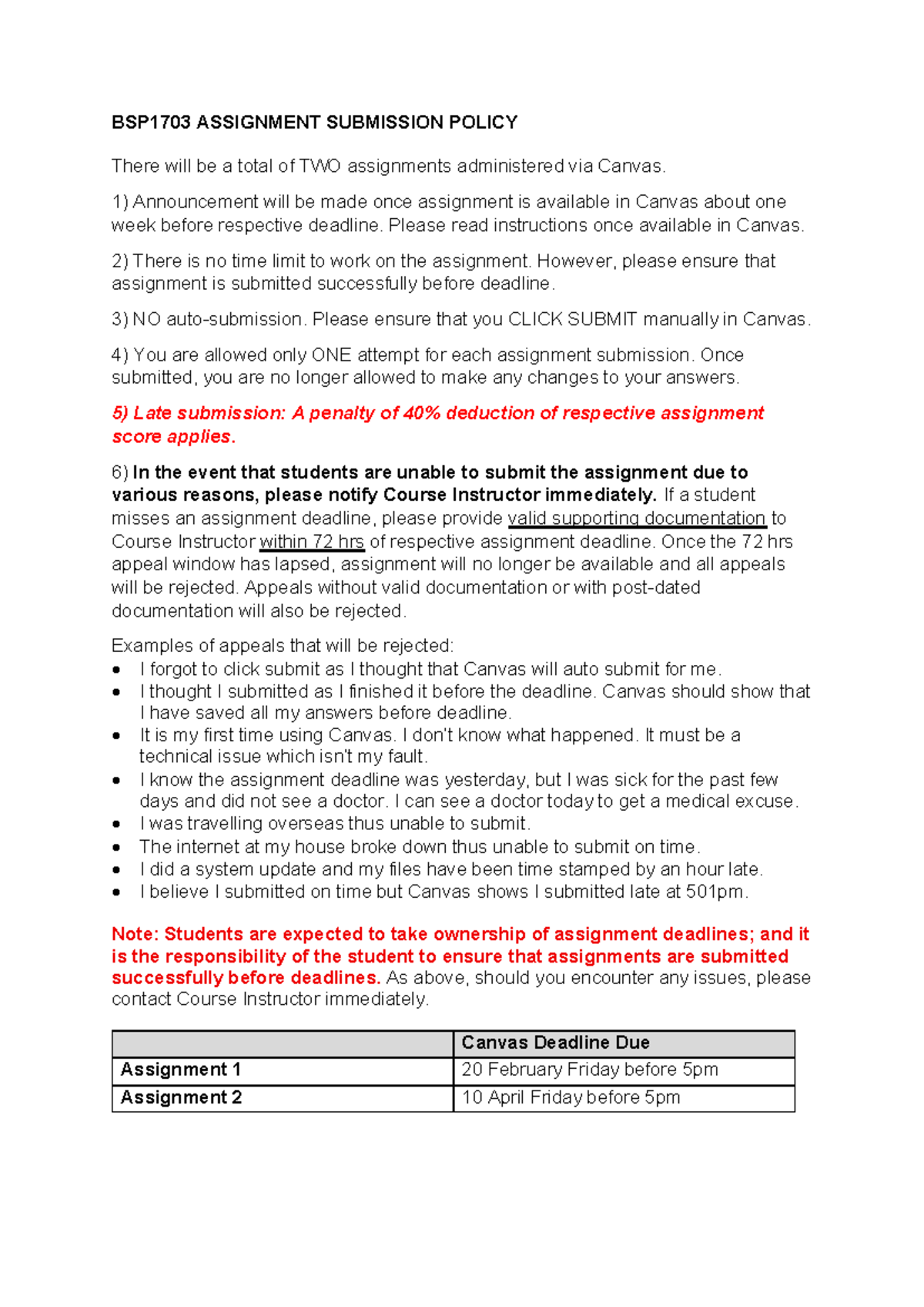 BSP1703 Assignment Submission Guidelines and Deadlines - Studocu
