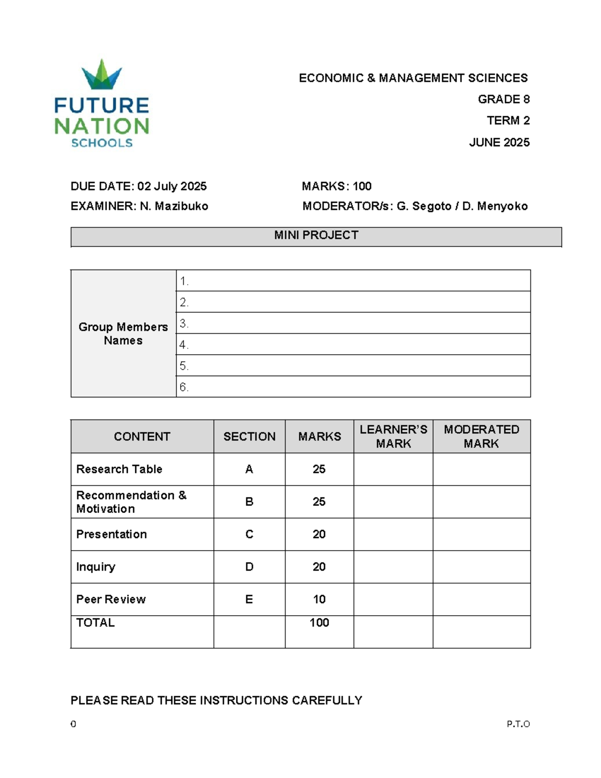 EMS Grade 8 Term 2 Mini Project Guidelines - Due 02 July 2025 - Studocu