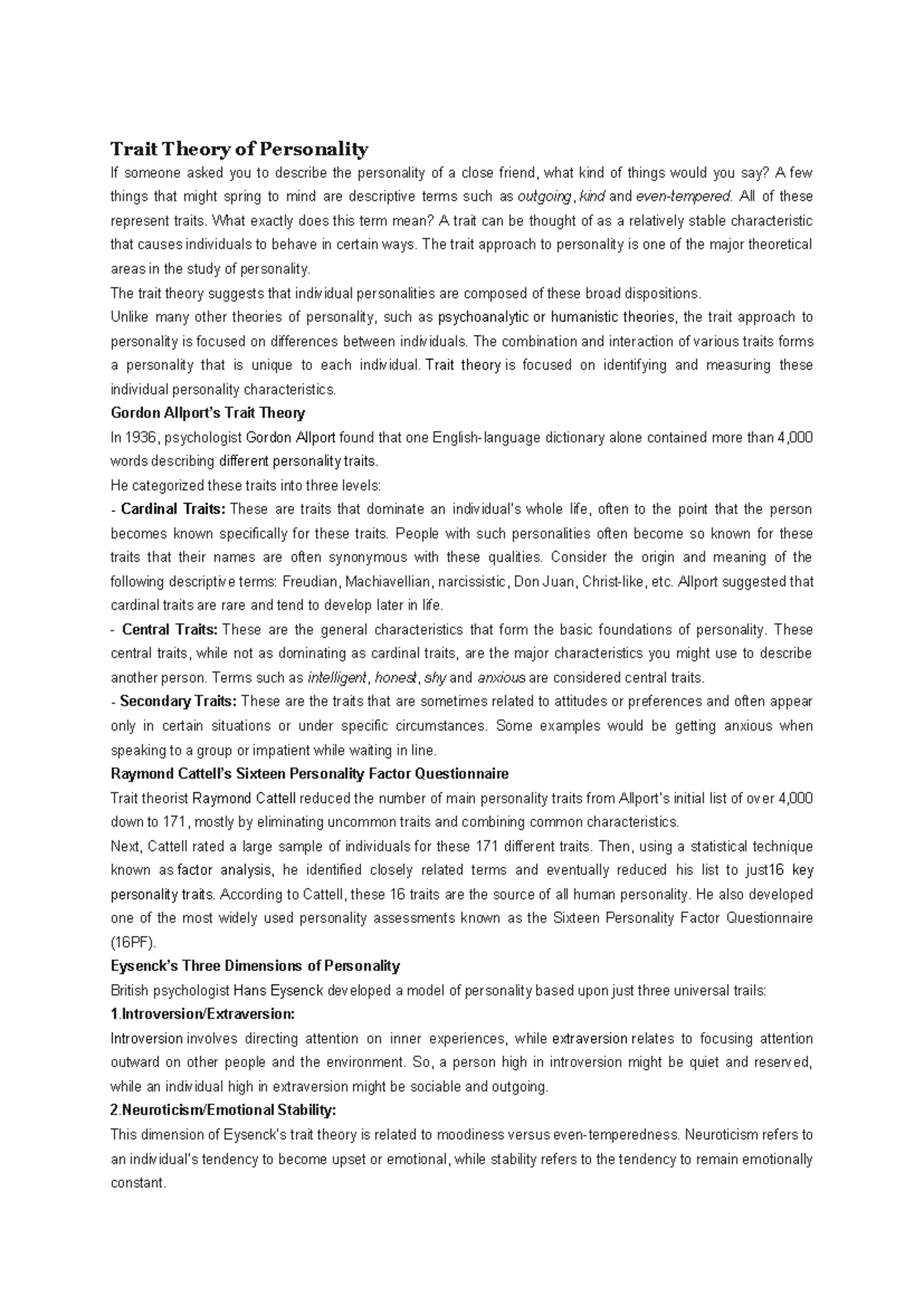 Trait Theory of Personality - All of these represent traits. What ...