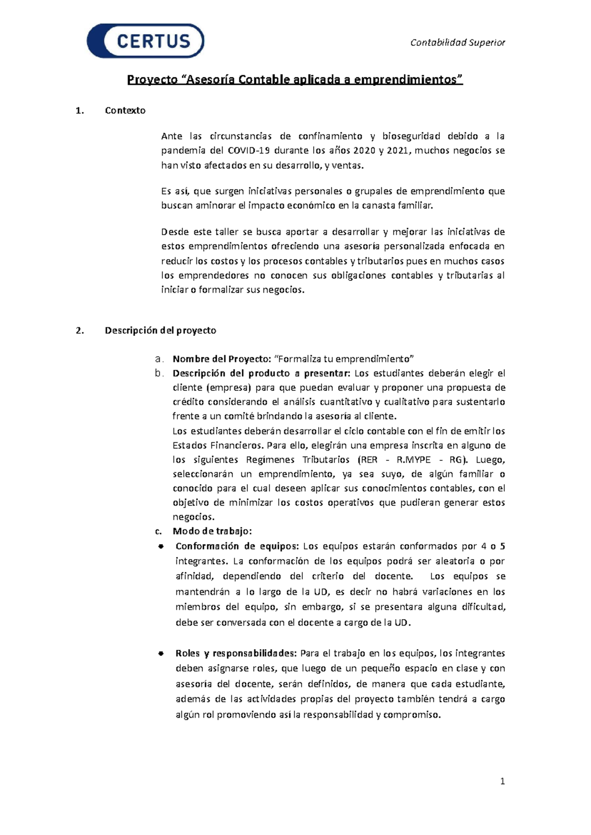 Asesoría Contable para Emprendimientos: Proyecto 