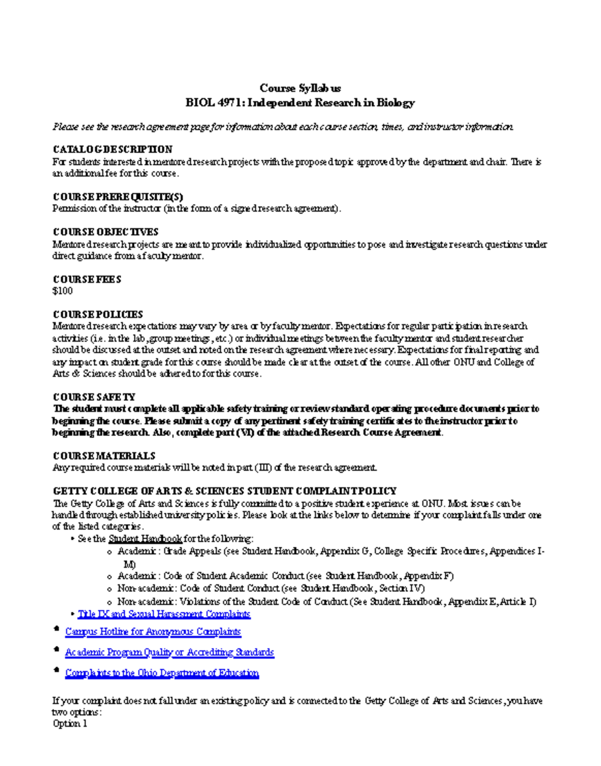 Course Syllabus BIOL 4971: Independent Research in Biology - Studocu