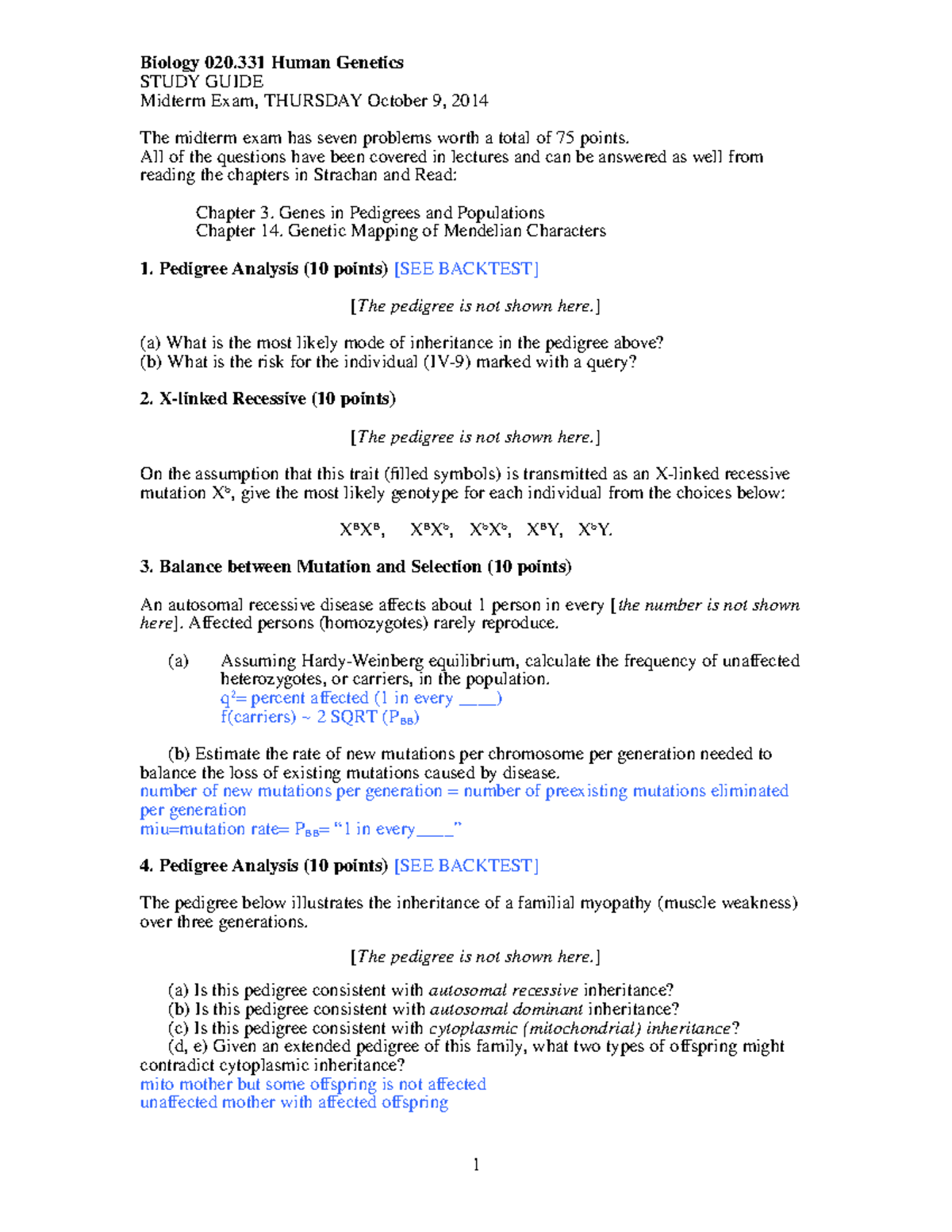Biology 020.331 Midterm Exam Study Guide - Key Concepts and Problems ...