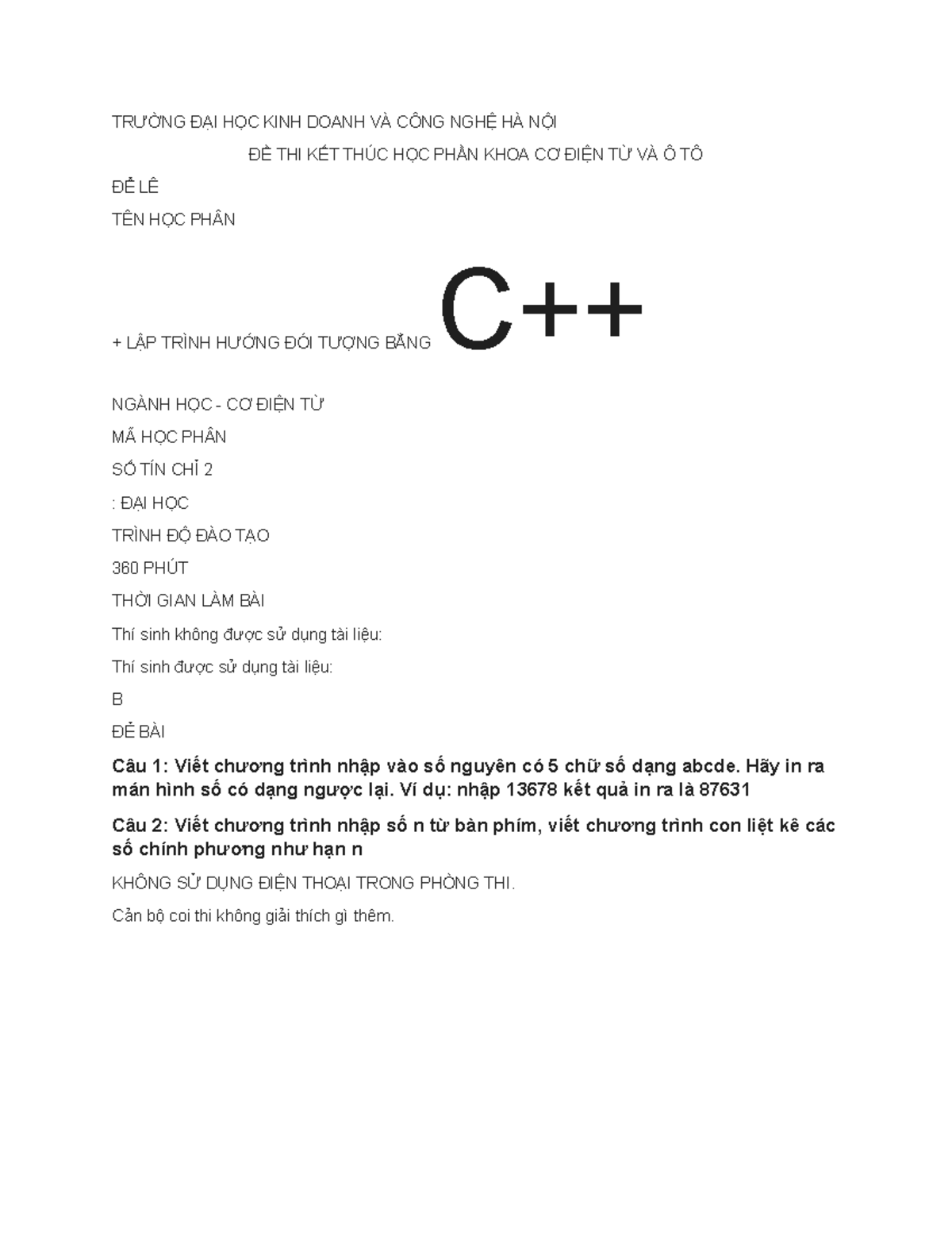 Đề Thi Kết Thúc Học Phần Lập Trình Hướng Đối Tượng C++ - CĐ Điện Tử ...