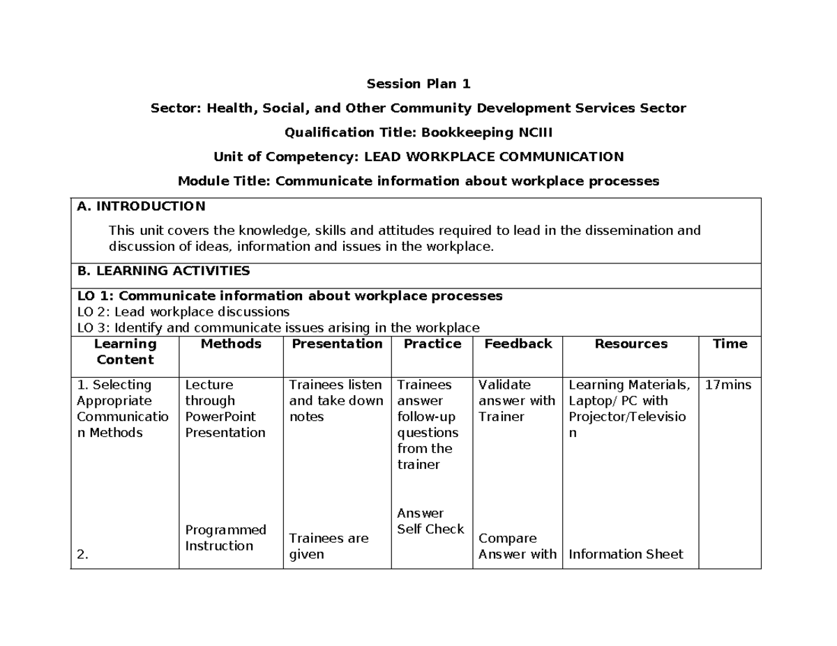 Session Plan for Bookkeeping: Leading Workplace Communication & Team ...